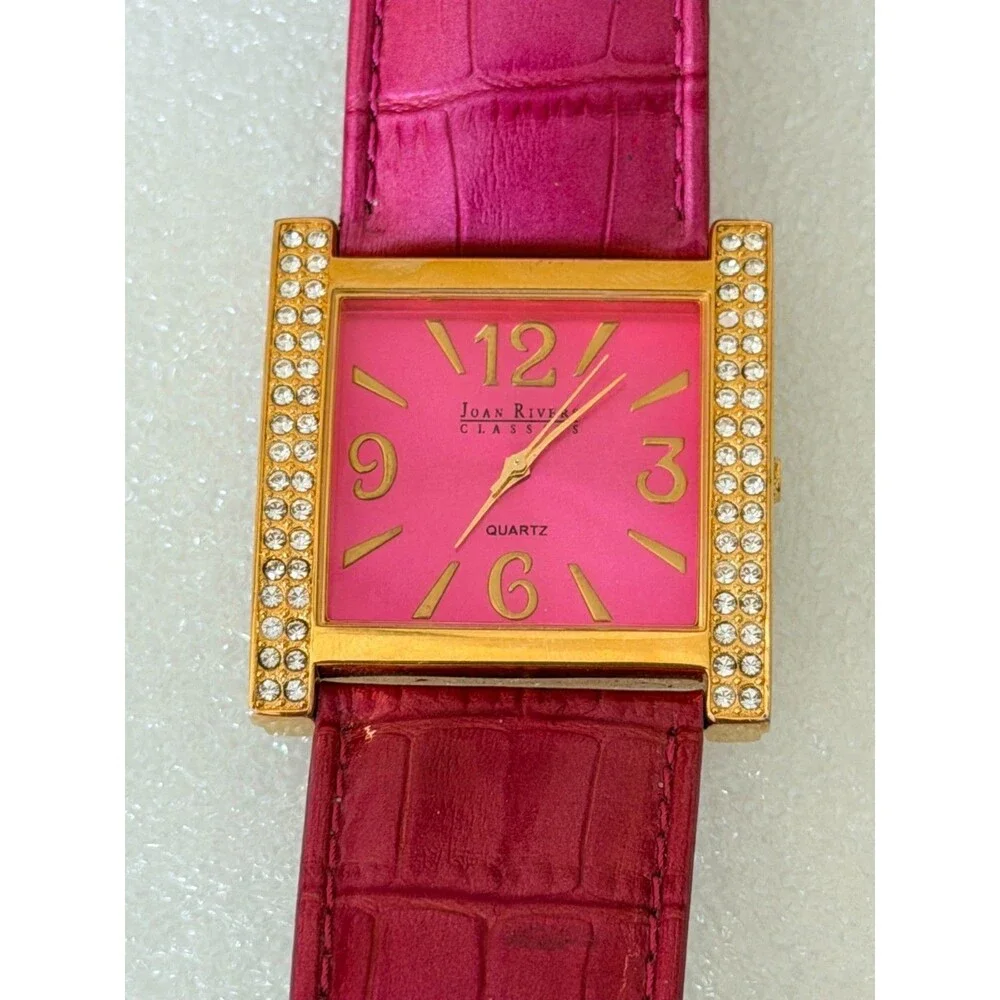 Vintage Joan Rivers Classics Rhinestone Square Watch Fuchsia Pink Leather